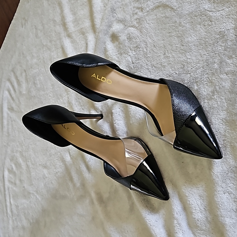 Aldo sexy heels with leather, patent leather, clear accents, Size 8